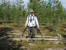 Muonionalusta Expedition - Greg's custom made metal detector for rapidly hunting in the forest.
