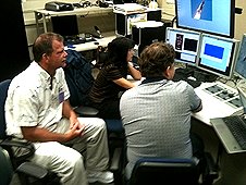 NASA - JSC Visit - Greg with Dr. Mike Zolensky and Loan Le in electron microprobe laboratory.